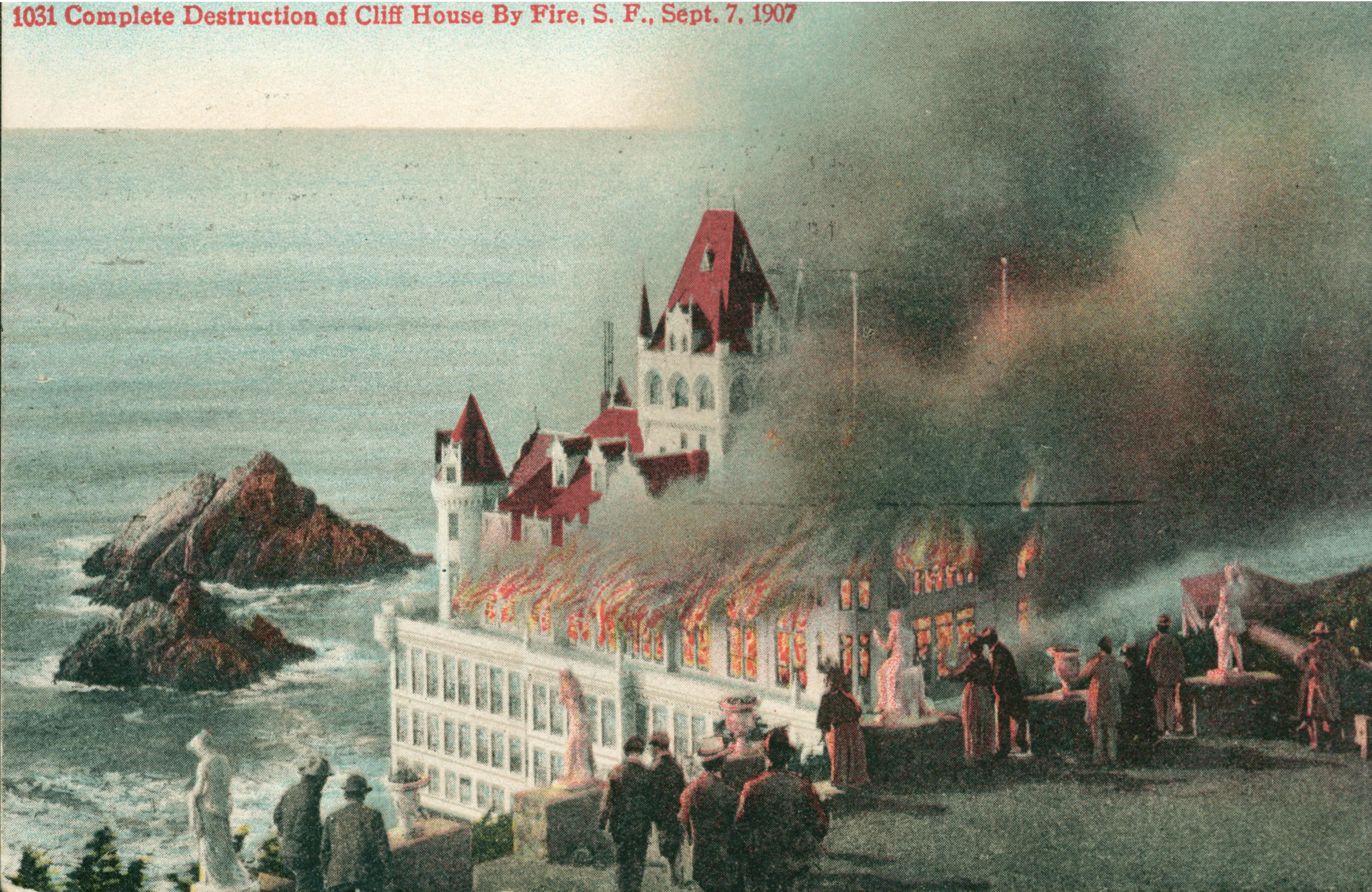 Shows the Cliff House on fire with several individuals looking on.